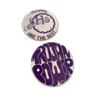 Vintage Pinback Buttons Trojan Power and Trojans Are The Best Pins 3 Inch Purple